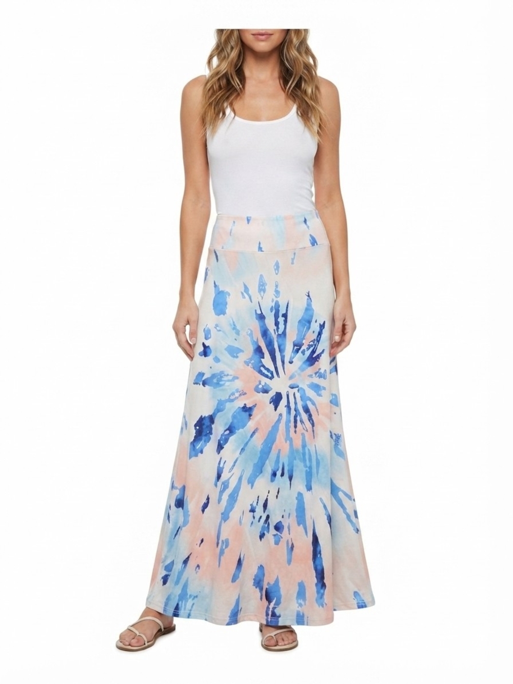 Maxi Tie-Dye A-Line Skirt in Blue and Peach